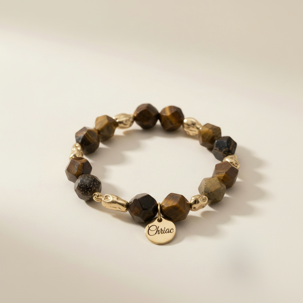 Chrioc Tiger Eye Gold Plated Nuggets Necklace Strech Bracelet Set
